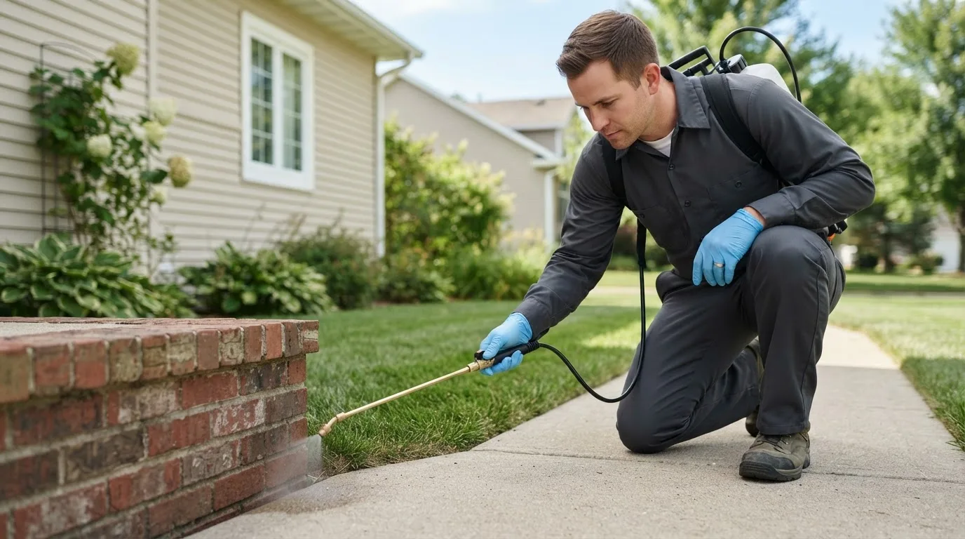 Pest control technician treating a home near Rockaway Beach, OR